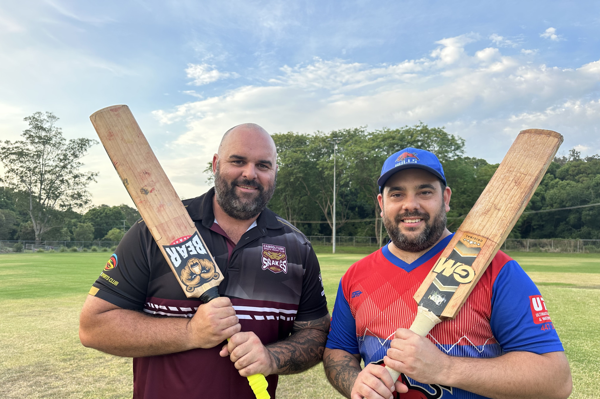 Caboolture Cricket Sports Club president Ben Stuart and Wamuran-Stanley River Cricket Club president Aaron Phillips.