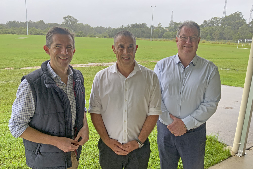 Finance Minister Simon Birmingham with Terry Young (Member for Longman) and Cr Peter Flannery (Moreton Bay Mayor) at Devine Court Sports Complex, for the Buchanan Road funding announcement