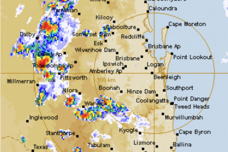 A screenshot of Bureau of Meteorology radar showing a line of storms heading east to Somerset and Moreton Bay regions.