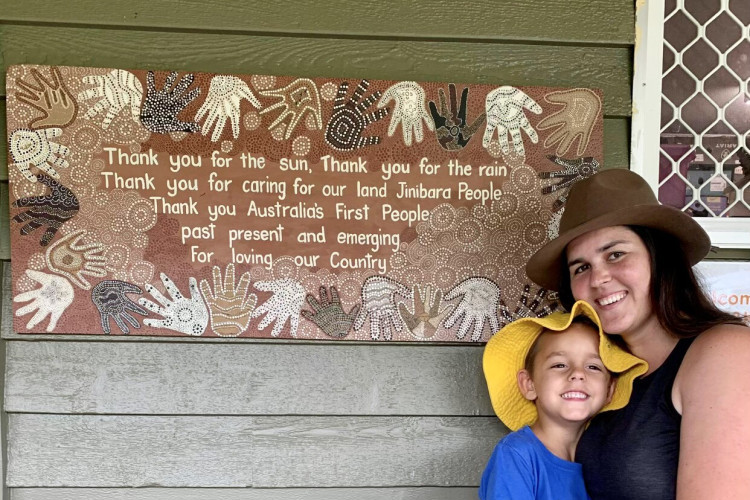 Indigenous artist Brooke Perry with her son Jack after recently hanging up the Welcome to Country artwork at C and K Kindergarten in Kilcoy.