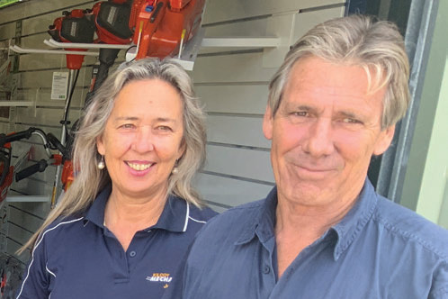 Julia and Lee Robinson (pictured) and their mechanic Bruce Thornton, are looking forward to selling a range of Husqvarna products at Kilcoy Mowers and Small Engine Centre.