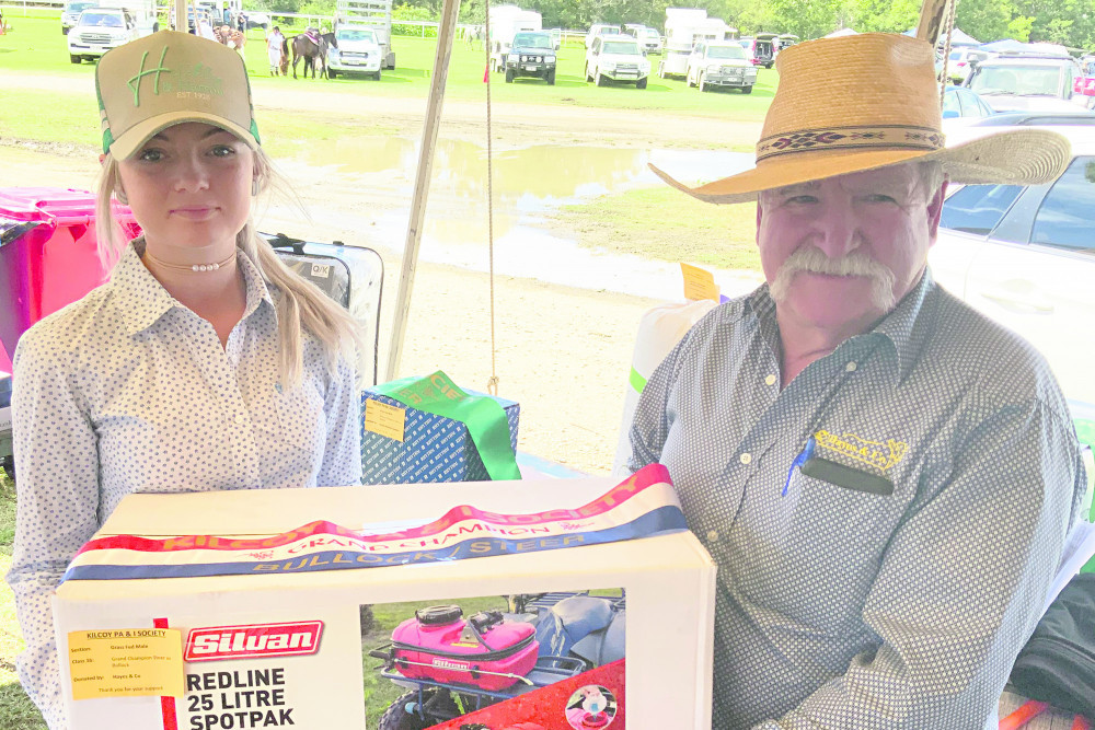 Prize winner Kodi Harrison and sponsor Peter Hayes, at the Prime Beef presentation at the Kilcoy Show.