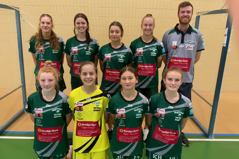 The Lowood State High School team that will compete at a state-level futsal competition in July. Back: Jordis Hathaway, Charlee Ehlerth, Jessie Vella, Lili Sajkar, Jacob Veraart (coach). Front: Lauren Sheppard, Alicija Sajkar, Jade Godby, Kyra Hayes.