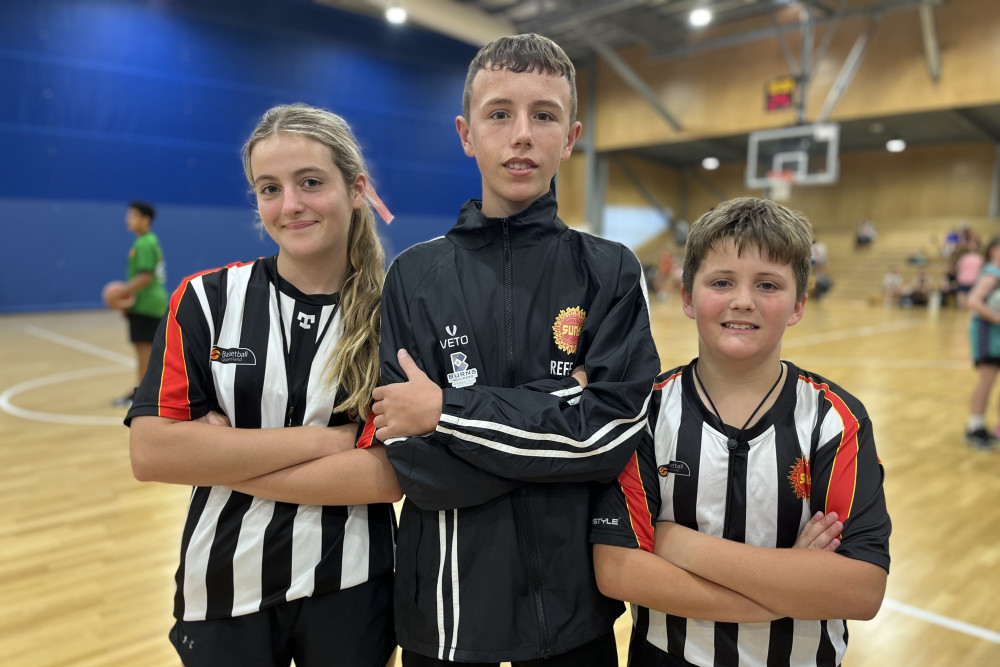 Grace Flanagan, Cody Dumbell and Jackson Hinze are earning a few extra dollars whilst improving their basketball knowledge by refereeing at the Moreton Bay Suns Basketball Club in Morayfield.