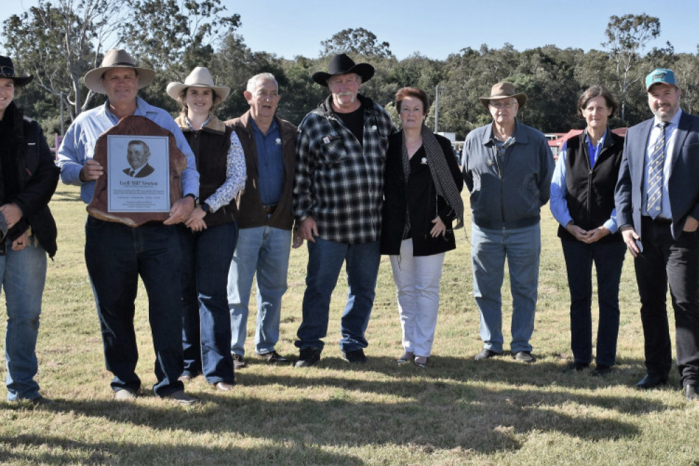 Rob Christie (Master of Ceremonies), Sarah Eaton (Rural Ambassador), Lance Paulus (recipient of the Bill Newton award), Lucy Paulus, Laurie Ramsay (Woodford Show Life Member 2020), Dallas Weller and Bobby Winkel (2021 Life Members), Garry Morris (2020 Life Member), Val Reichle (Woodford Show Society president), Andrew Powell (State Member for Glass House) and Councillor Tony Latter (Moreton Bay - Division 12).