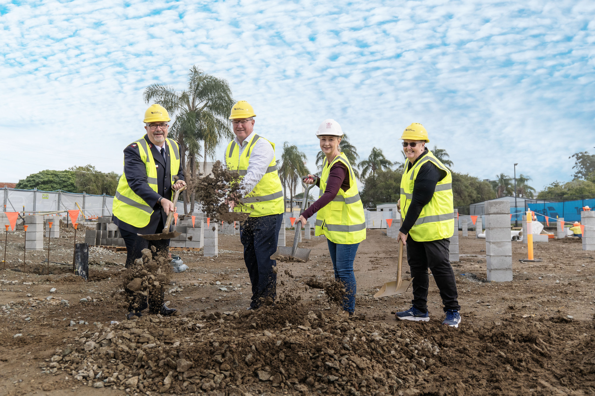 Sod turning of the new Peninsula Support Hub in Redcliffe with Mayor Flannery, Mayor Mark Everitt (The Salvation Army) Hon. Yvette D’Ath, and Michelle (The Breakfast Club).