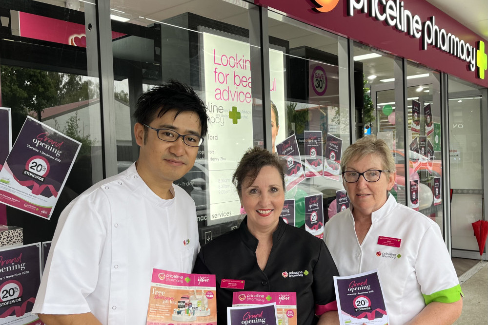 Partner in business Henry Zhu, retail manager Marshelle Toole and dispense technician Vicki Van der Borgh were excited to welcome customers into the new Priceline store at Woodford.