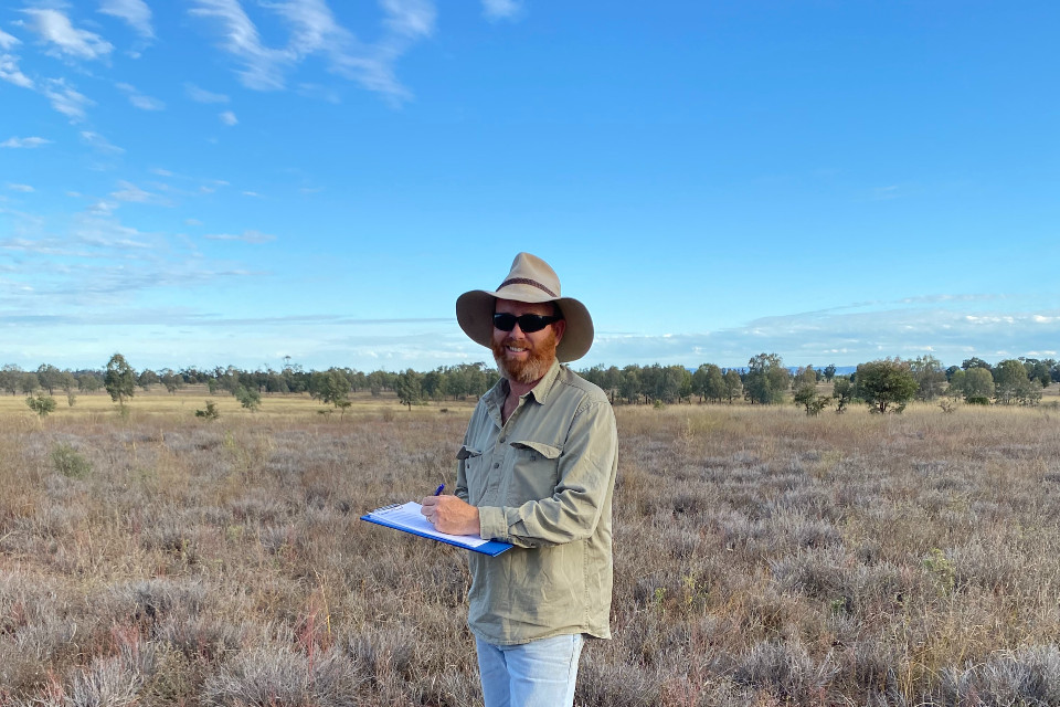 Principal Pasture Agronomist Stuart Buck in dieback-affected pasture in Central Queensland.
