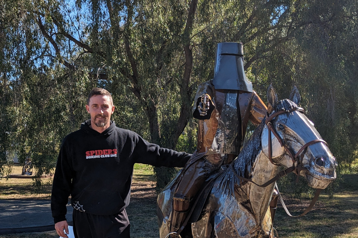 Luke Sheehan with his eye-catching monument depicting Ned Kelly.