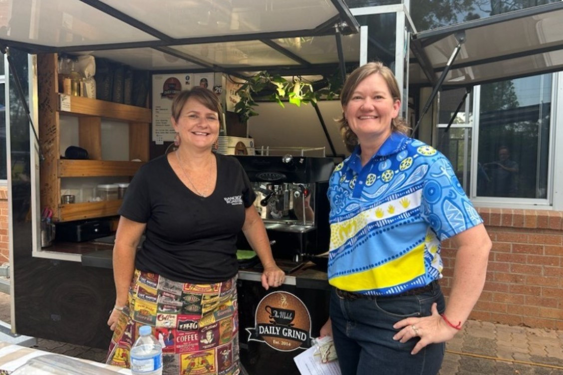 Wamuran State School chaplain Amy Head (right) with Tanya Fitzpatrick of Mobile Coffee Grind. Inset - Bootscooting in Wamuran.