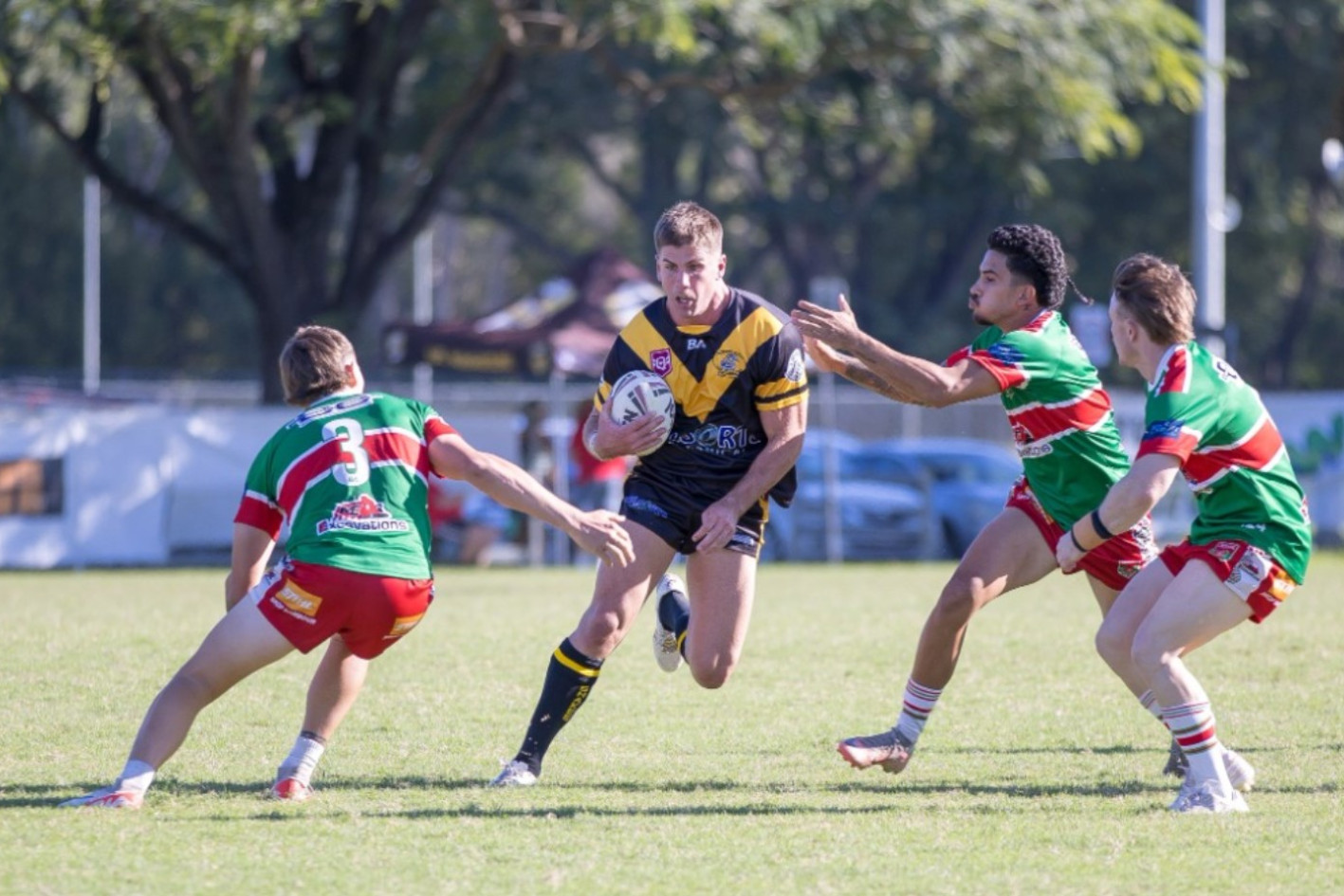 Liam Harris makes a strong run for the Caboolture Snakes rugby league A graders in their win against Nambour. Photo credit: MMM Sports Photography.