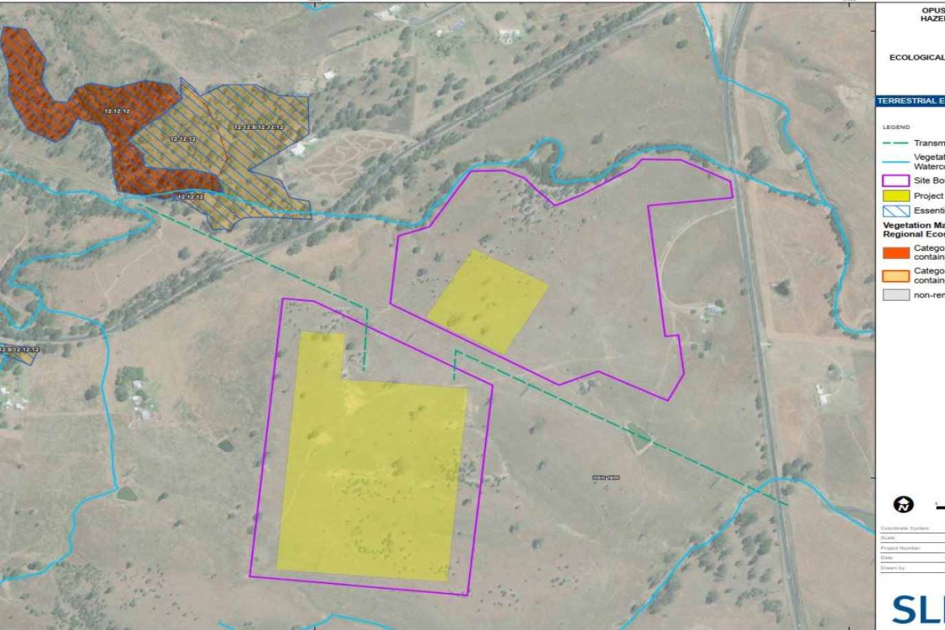 Map showing the proposed site next to waterways: Blue - Watercourse in the Higher Risk Catchment Area, Yellow - Project footprint, Purple - Site boundary, Green - Transmission line.