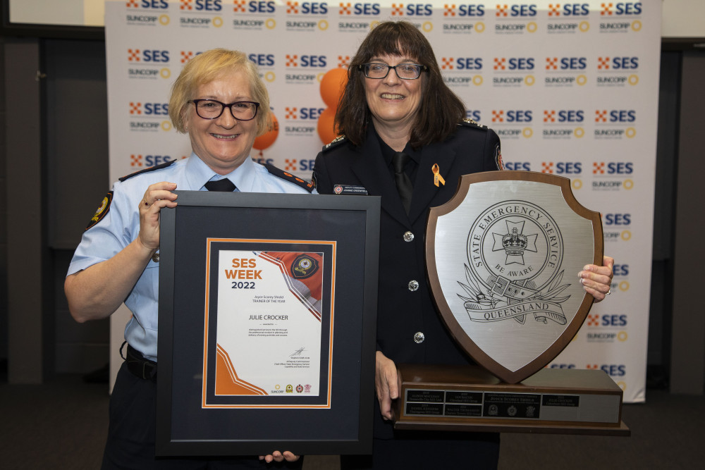 Caboolture SES Group trainer and leader Julie Crocker with Acting Deputy Commissioner Joanne Greenfield. Photo courtesy of Queensland Fire and Emergency Services.