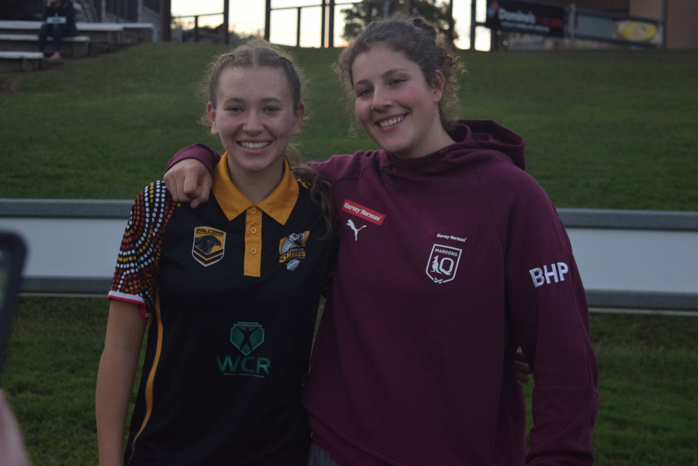 Caboolture Snakes U15 player Paige Cox enjoyed meeting Queensland State of Origin women’s enforcer Chelsea Lenarduzzi at the Snake Pit.