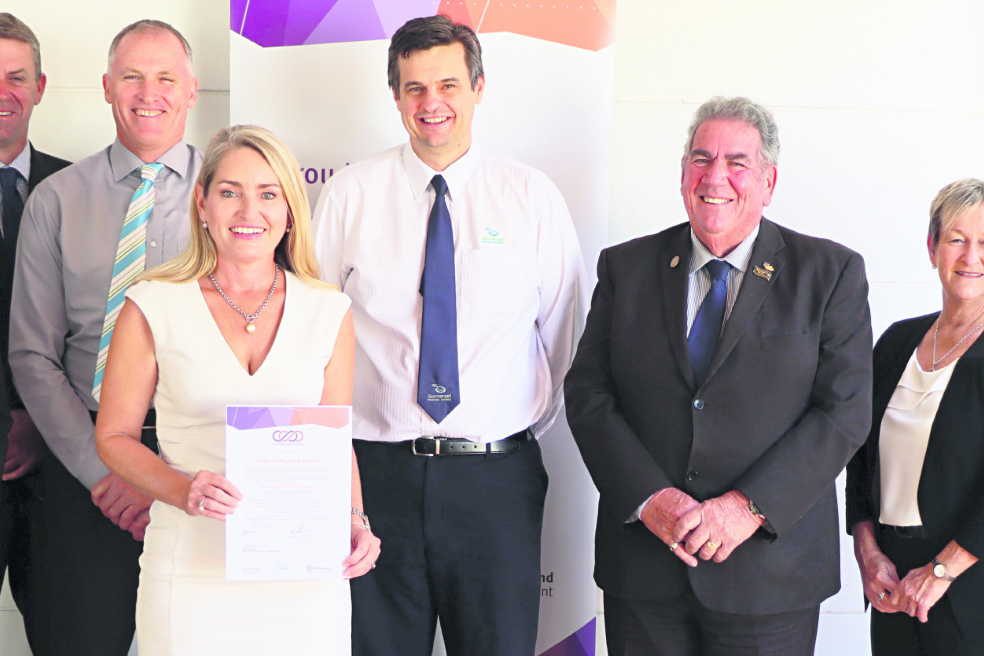 Somerset Regional Council signed the Small Business Friendly Charter. Pictured is Somerset councillors, CEO Andrew Johnson and Queensland Small Business Commissioner, Maree Adshead.