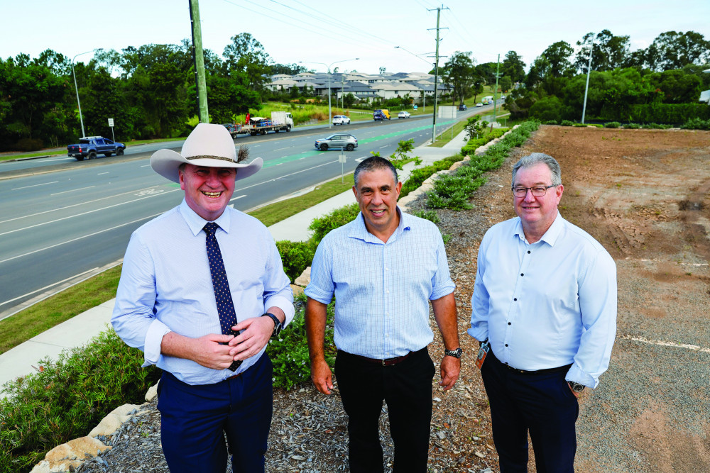 Deputy Prime Minister Barnaby Joyce, Federal MP for Longman Terry Young and Moreton Bay Regional Council Mayor Peter Flannery at Old Gympie Road at Dakabin