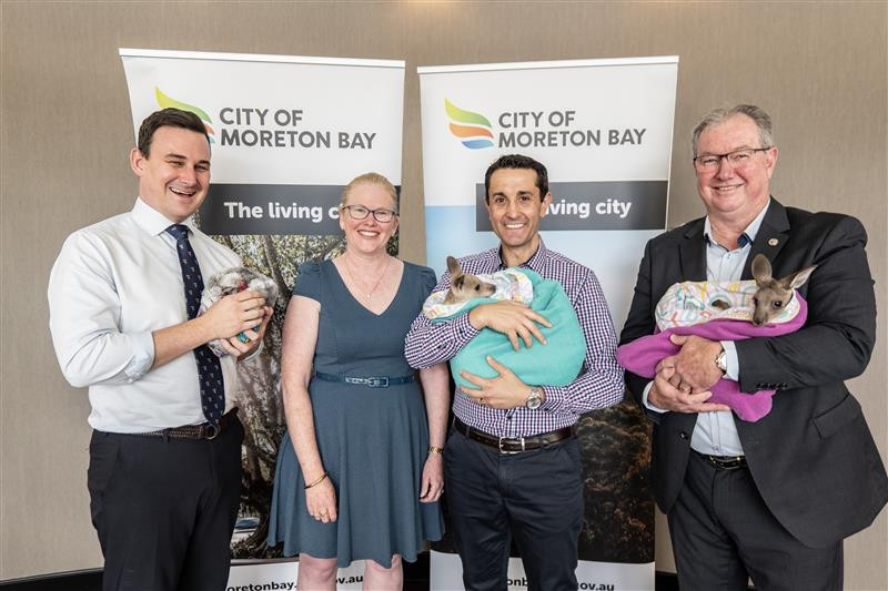 Mayor Peter Flannery with Premier David Crisafulli and Moreton Bay Wildlife Hospital Foundation Director Christine West.