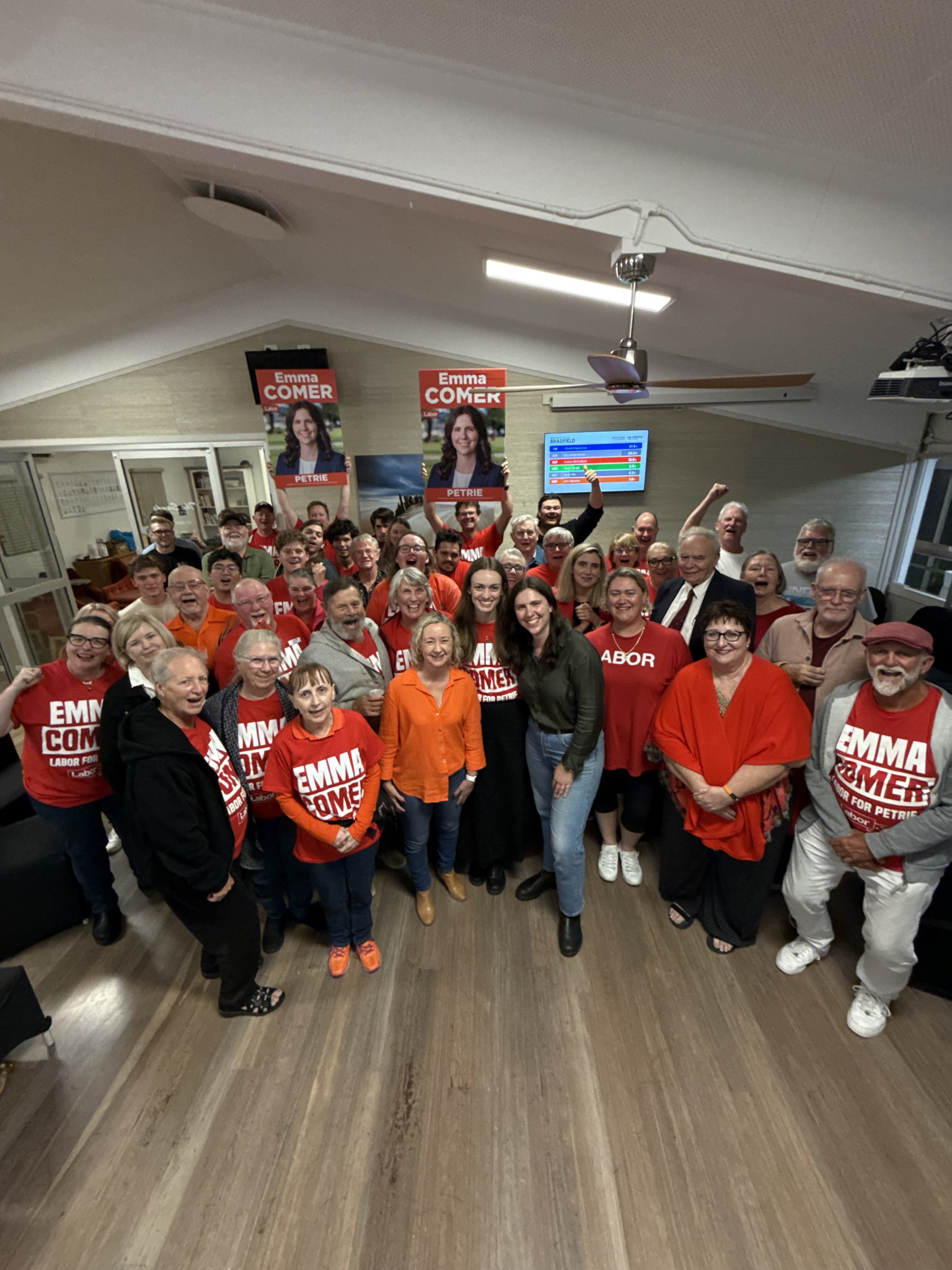 Newly elected Member for Petrie, Emma Comer, celebrating her win with supporters and volunteers. Photo supplied.