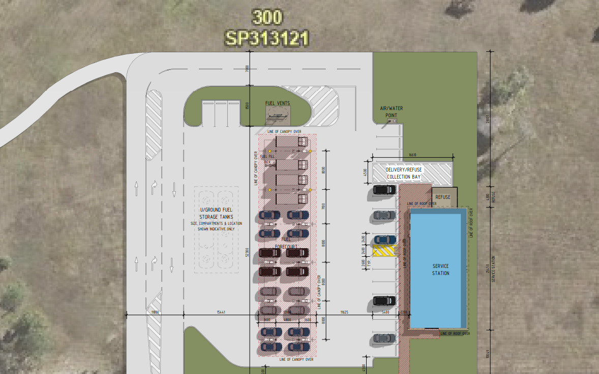 Artist impression of proposed service station design from above, including single entry/exit.