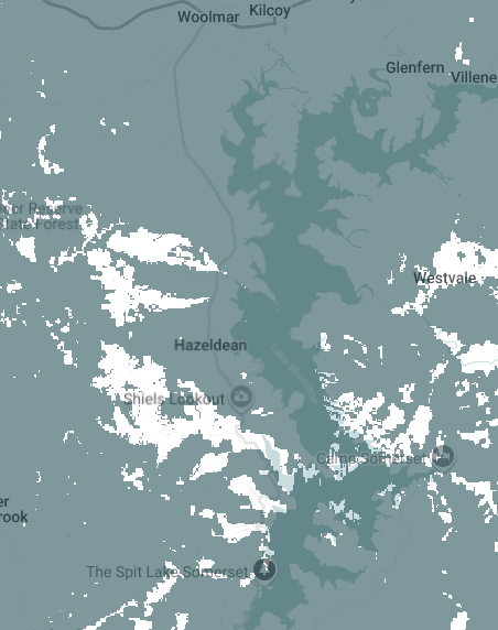 Optus network coverage map for Hazeldean. White shows areas with no coverage.