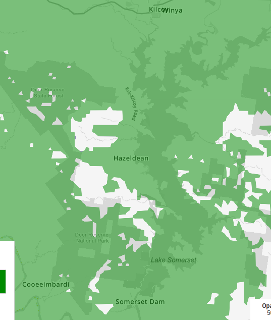 Telstra network coverage map for Hazeldean. White shows areas with no coverage