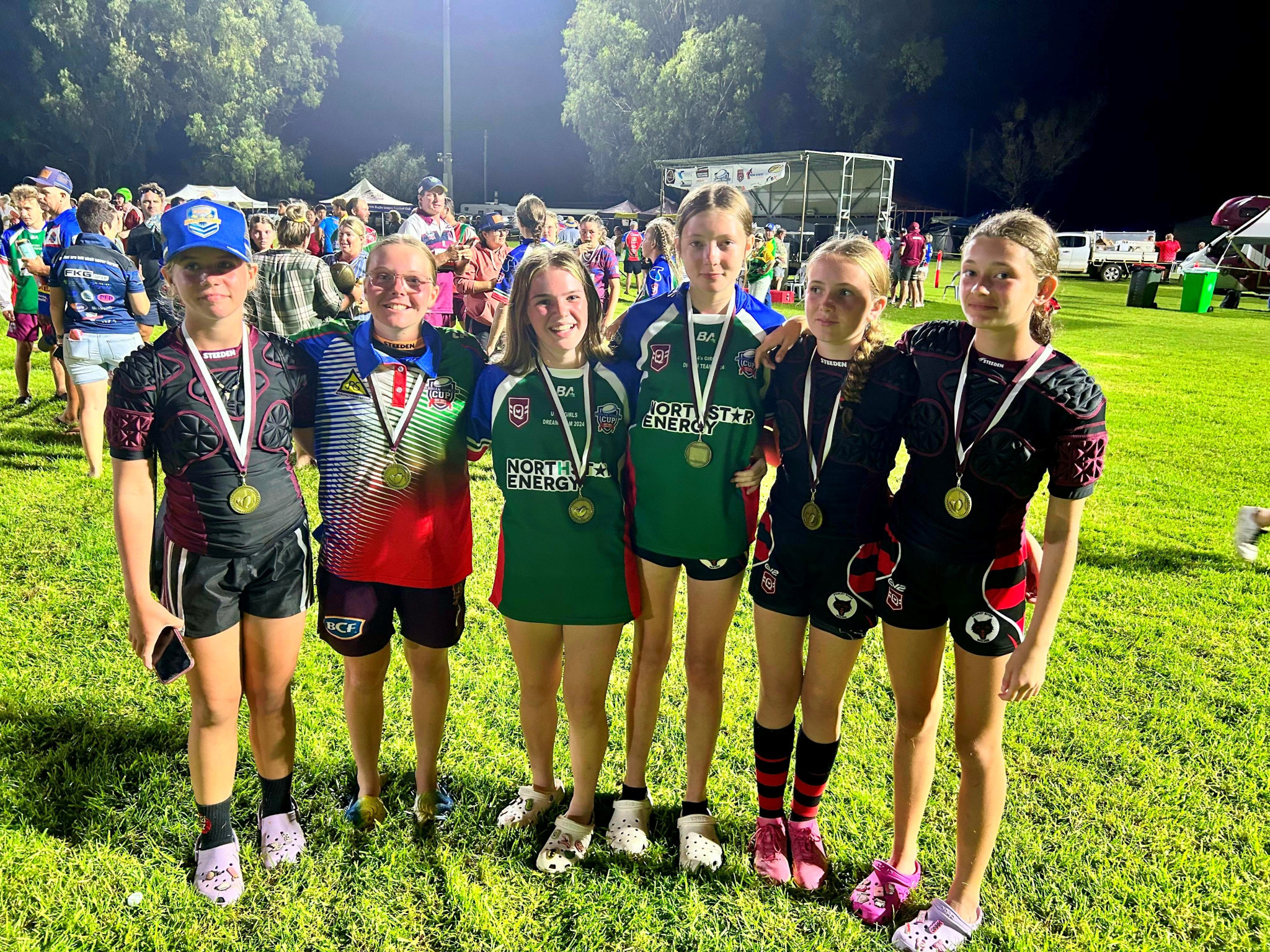 Stanley River U14 girls Emily Walker, Charlee Stanton, Cailin Darcy, Ruby Gauld, Mollie Sims and Kennedy Adams with their grand final medals.